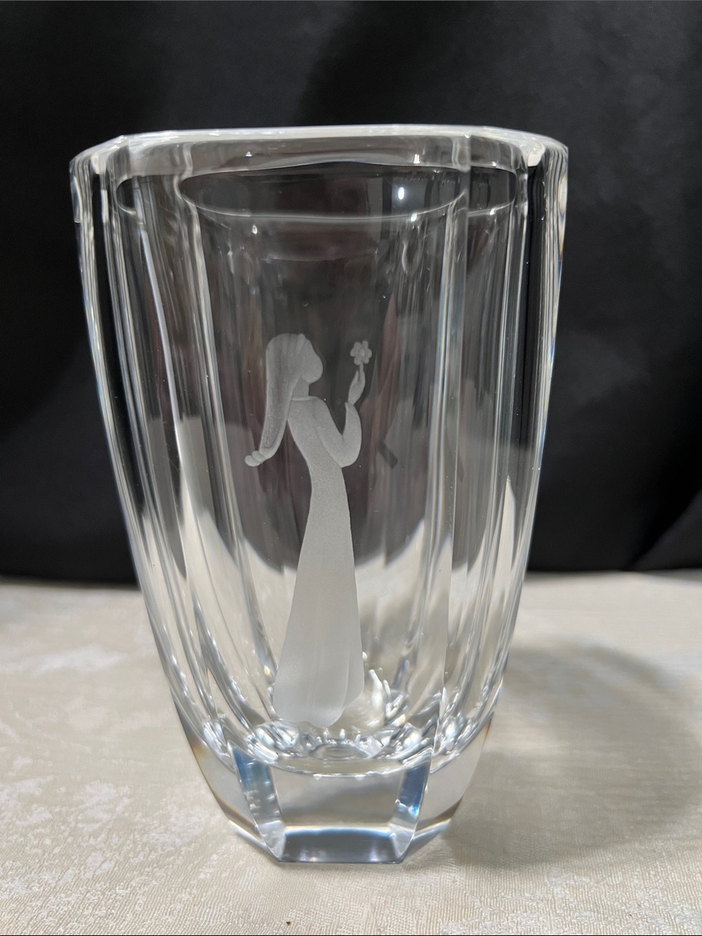 Orrefors Sweden Crystal Vase Maiden Holding A Flower